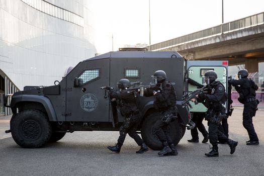 FRANCE, Toulouse: Members of the RAID, the French national police intervention group, take part in a simulation exercice of terrorist attack at the Toulouse stadium on April 14, 2016 as part of the Euro 2016. 