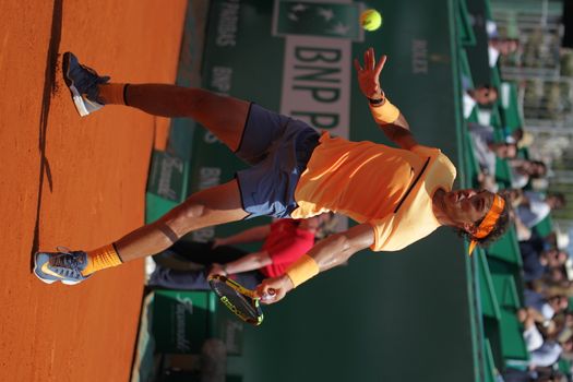 MONACO, Monte-Carlo: Spain's Rafael Nadal returns a shot to Switzerland's Stan Wawrinka during their tennis match at the Monte-Carlo ATP Masters Series tournament on April 15, 2016 in Monaco. 