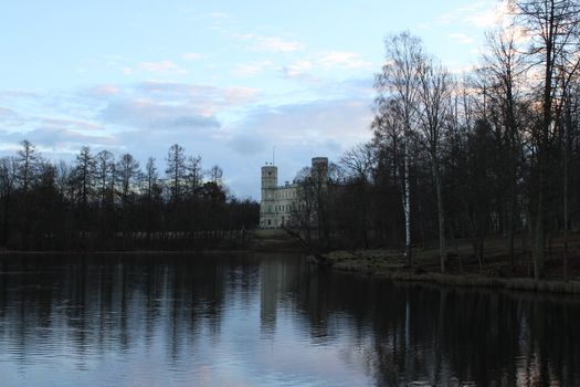 Gatchina Palace and white lake in Gatchina park, winter, December 2015