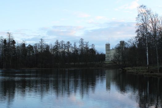Gatchina Palace and white lake in Gatchina park, winter, December 2015