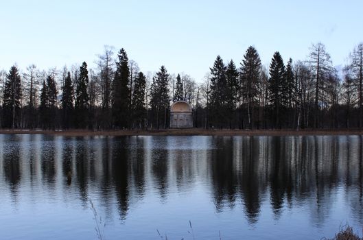 Eagle Pavilion near White Lake in Gatchina park in December 2015.