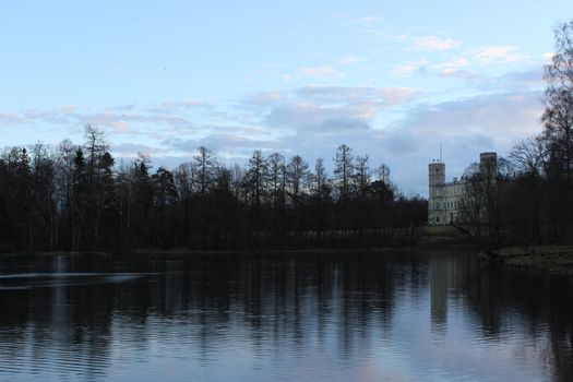 Gatchina Palace and white lake in Gatchina park, winter, December 2015