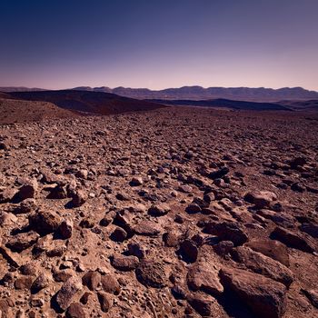 Rocky Hills of the Negev Desert in Israel at Sunset, Toned Picture 