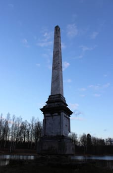 Chesma obelisk in the Gatchina park near White Lake in the winter, in December, 2015.