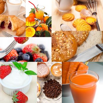 ealthy fresh nutritious vegetarian breakfast collage composition set