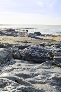 lone man walking on the rocks at ballybunion beach in ireland