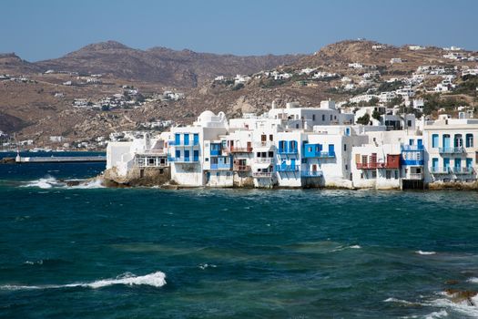View at the sea from the famous Mykonos wind mills