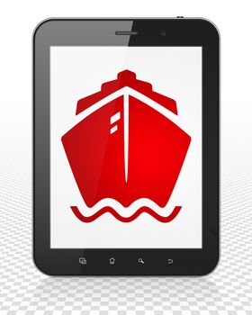 Travel concept: Tablet Pc Computer with red Ship icon on display, 3D rendering