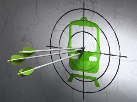 Success tourism concept: arrows hitting the center of Green Train target on wall background, 3D rendering
