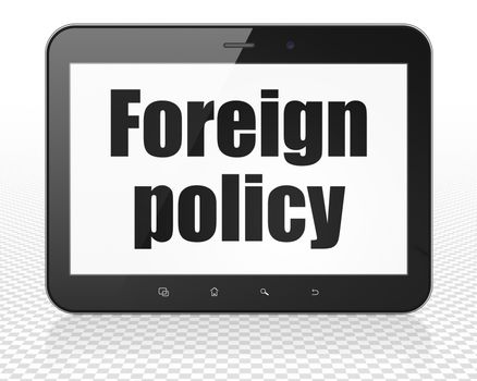 Politics concept: Tablet Pc Computer with black text Foreign Policy on display, 3D rendering