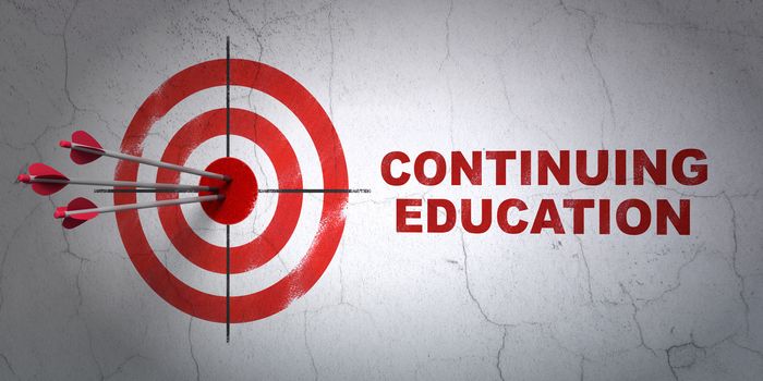 Success Education concept: arrows hitting the center of target, Red Continuing Education on wall background, 3D rendering