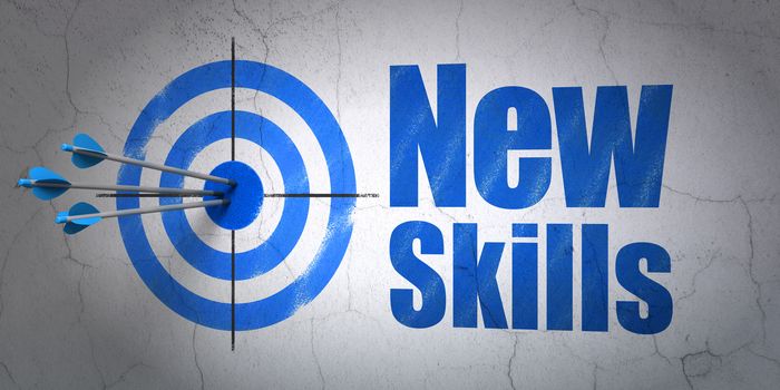 Success Studying concept: arrows hitting the center of target, Blue New Skills on wall background, 3D rendering