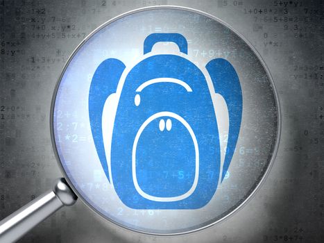 Learning concept: magnifying optical glass with Backpack icon on digital background, 3D rendering