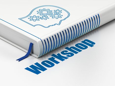 Studying concept: closed book with Blue Head With Gears icon and text Workshop on floor, white background, 3D rendering