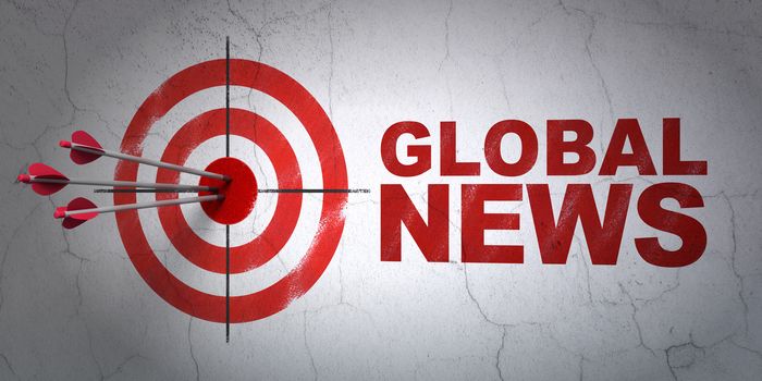 Success news concept: arrows hitting the center of target, Red Global News on wall background, 3D rendering