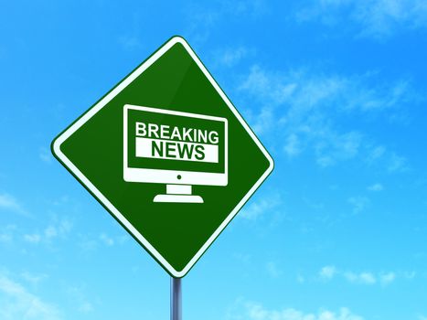 News concept: Breaking News On Screen on green road highway sign, clear blue sky background, 3D rendering