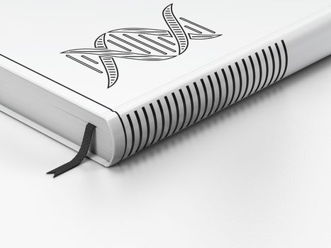 Science concept: closed book with Black DNA icon on floor, white background, 3D rendering