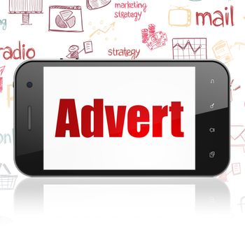 Advertising concept: Smartphone with  red text Advert on display,  Hand Drawn Marketing Icons background, 3D rendering