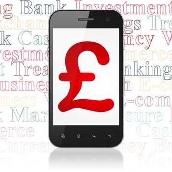 Money concept: Smartphone with  red Pound icon on display,  Tag Cloud background, 3D rendering
