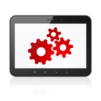 Information concept: Tablet Computer with  red Gears icon on display,  Binary Code background, 3D rendering