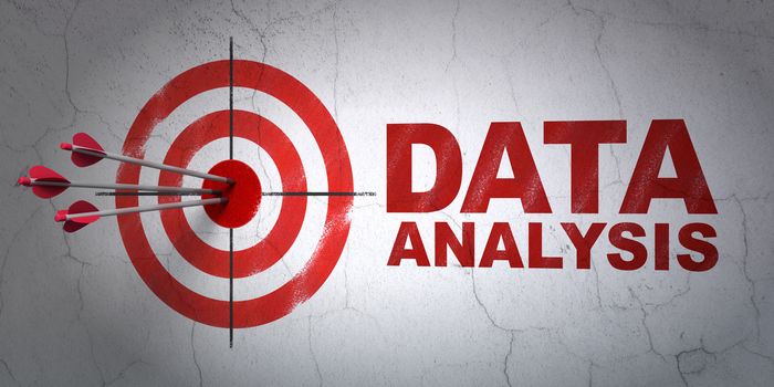 Success Information concept: arrows hitting the center of target, Red Data Analysis on wall background, 3D rendering