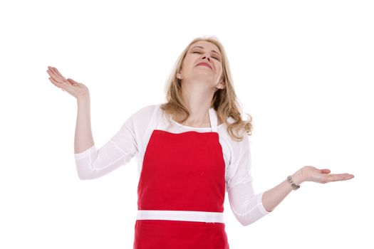 blond woman wearing red apron on white isolated background