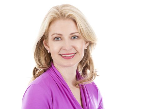 blond woman wearing pink top on white background