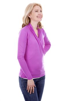 blond woman wearing pink top on white background