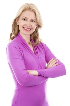 blond woman wearing pink top on white background