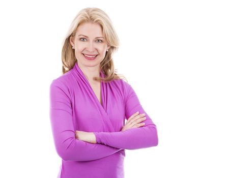 blond woman wearing pink top on white background