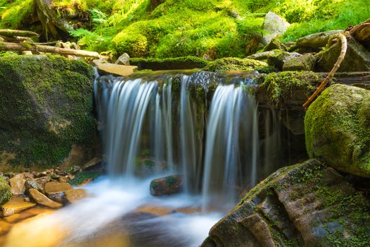 Beautiful waterfall in the green forest. Cascade of motion water