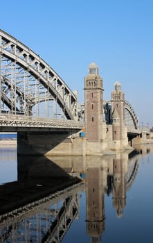 St. Petersburg, Russia, March 22, 2016   Bridge Peter Great reflected in water