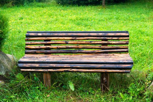 Wooden bench in the green park. Lawn with green grass