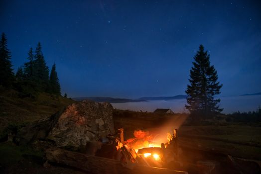 Campfire under blue night sky with many stars