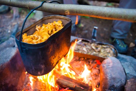 Kettle full of mushrooms on the fire