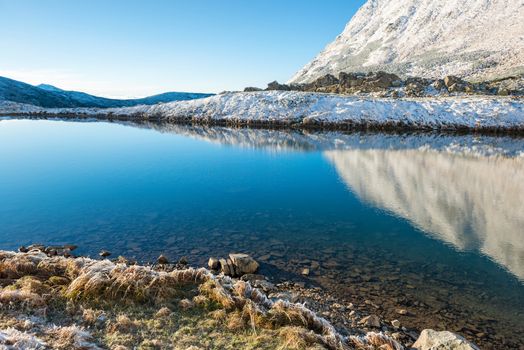 Beautiful blue lake in the mountains, morning sunrise time. Landscape with snow and frozed nature