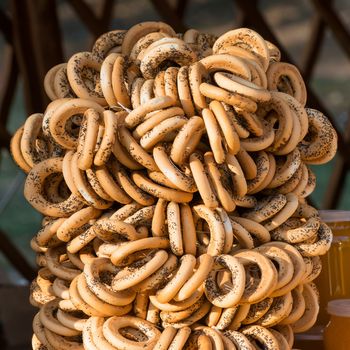 Bunch of tasty doughnut shaped bread rolls