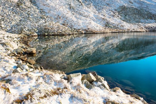 Blue frozen lake along winter landscape