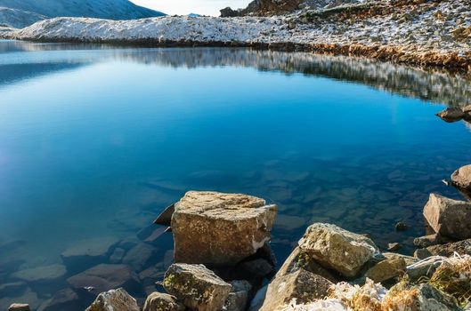 Blue frozen lake along winter landscape