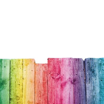 Rainbow wooden desk isolated on white background. Full spectrum natural color board