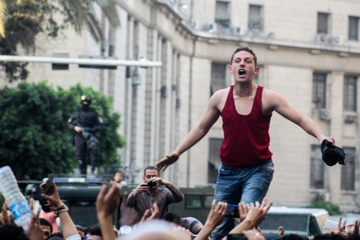 EGYPT, Cairo: A protester cries out as thousands rally in front of the Syndicate of Journalists in Cairo on April 15, 2016 during a demonstration against the decision to hand over control of two strategic Red Sea islands, Tiran and Sanafir, to Saudi Arabia.