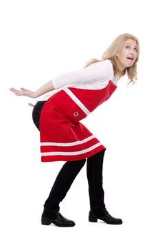 blond woman wearing red apron on white isolated background