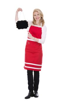 blond woman wearing red apron on white isolated background