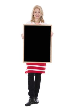 blond woman wearing red apron on white isolated background