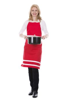 blond woman wearing red apron on white isolated background