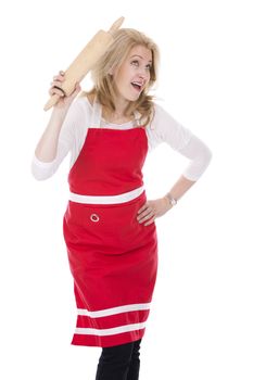 blond woman wearing red apron on white isolated background