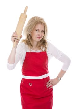 blond woman wearing red apron on white isolated background