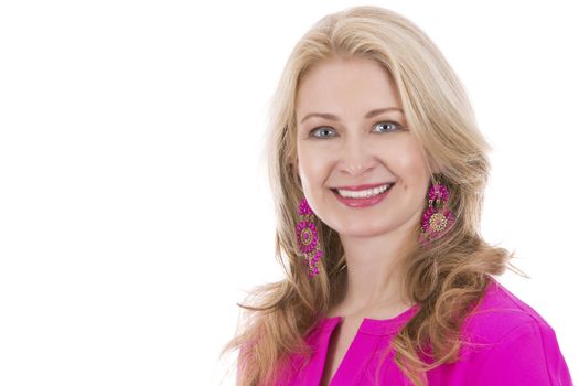 blond woman wearing pink top on white background