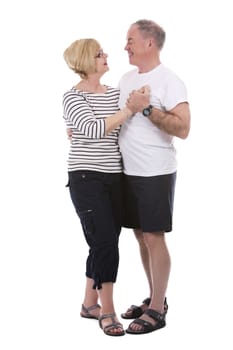 retired couple wearing casual outfits on white isolated background