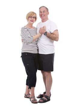 retired couple wearing casual outfits on white isolated background